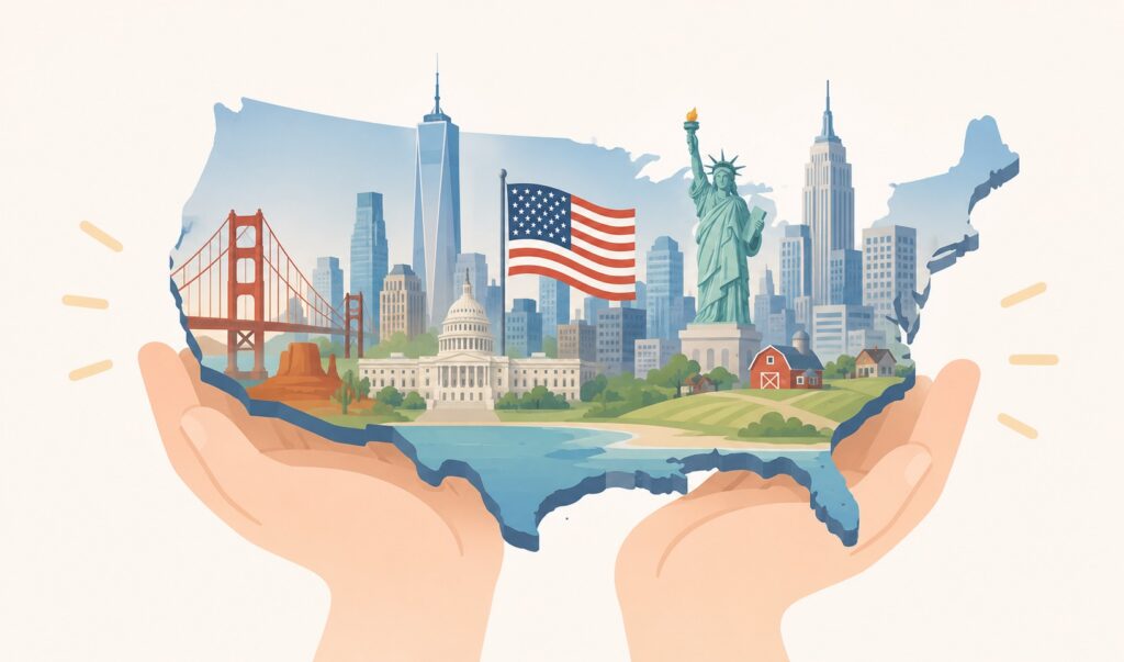 アメリカで人気の会社が、まとめて手の中にあるイメージ
