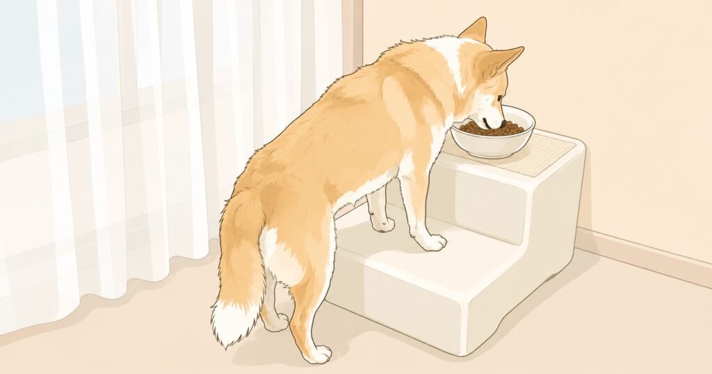 ドッグステップにごはんを置いて後ろ足を鍛えながら食べるシニア犬