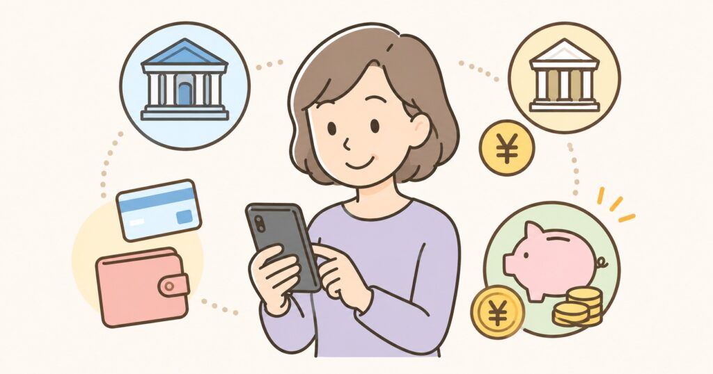 スマホで証券口座に入金する人のイラスト