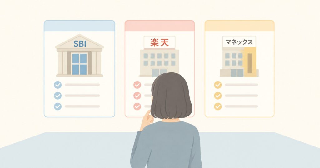 3つの証券会社を見比べる人のイラスト