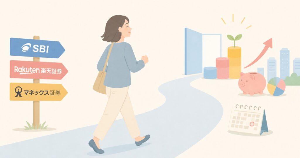 証券会社を決めて歩き出す人のイラスト
