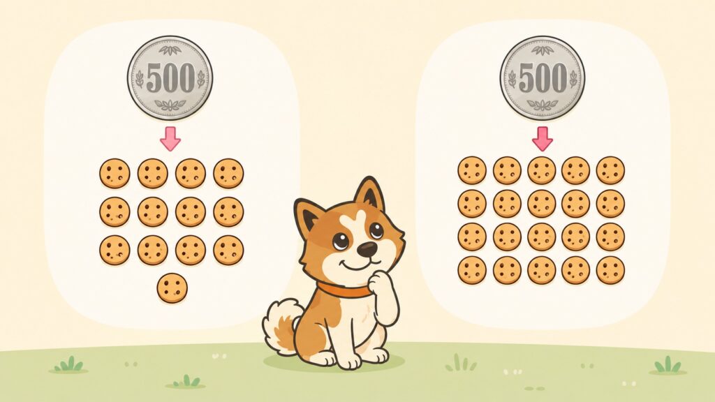 値段が下がると同じ金額で多く買えることを表すイメージイラスト