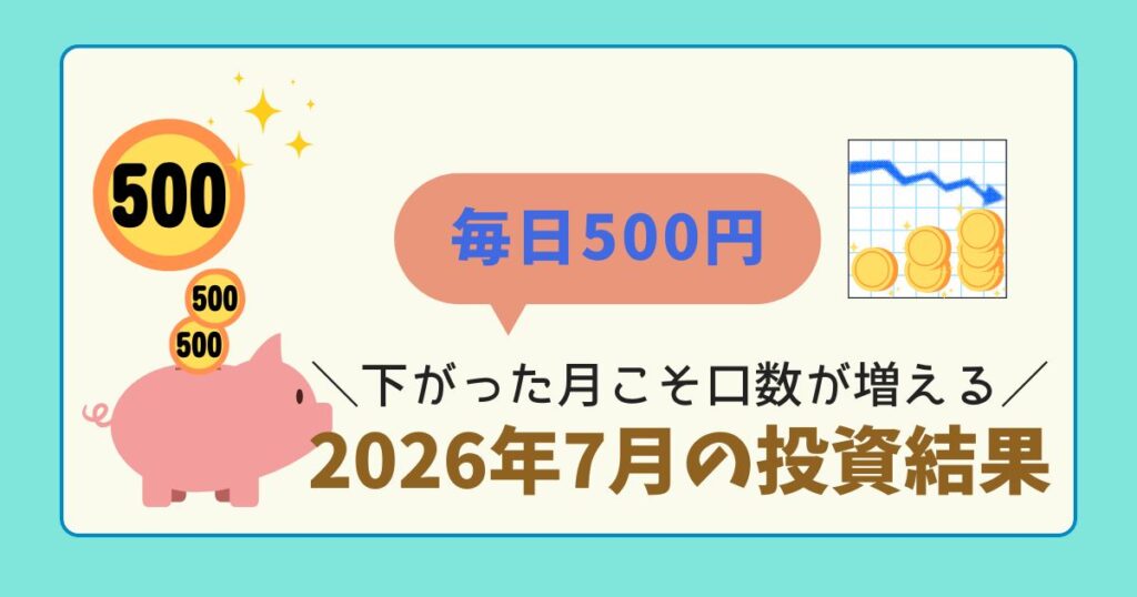 基準価額が下がった月でも毎日500円積立を続けるイメージのアイキャッチ。横ばいから下がるグラフと積み上がるコインのイラスト。