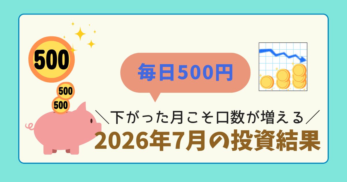 基準価額が下がった月でも毎日500円積立を続けるイメージのアイキャッチ。横ばいから下がるグラフと積み上がるコインのイラスト。