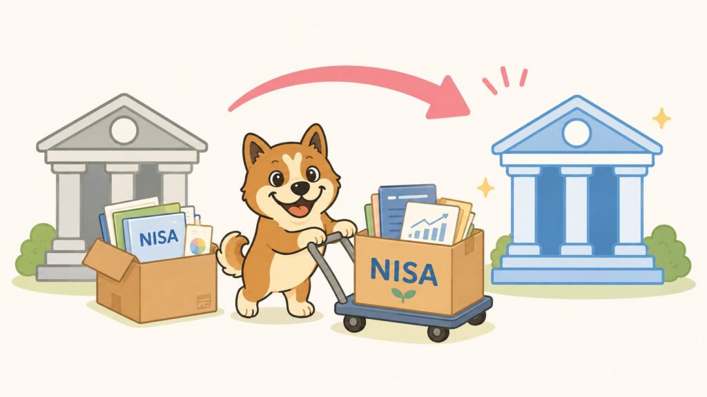 NISA口座を引っ越しするイラスト
今の金融機関にNISAの荷物を置いたまま、口座を移動しているおじいわん