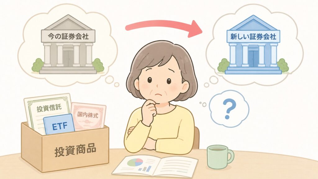 NISA口座を変更するとこれまでに買った投資商品はどうなるか悩んでいるイラスト