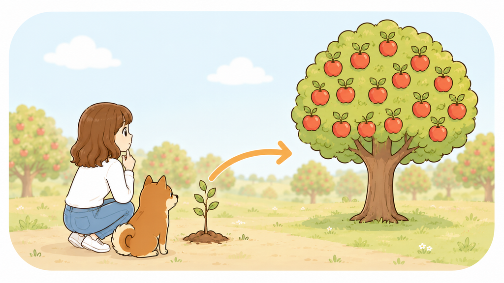 複利の効果は最初の数年は小さく10年20年で大きくなることを表すイラスト