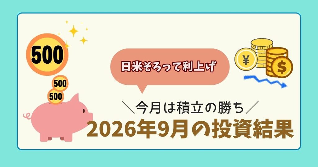 日米の利上げと円高で基準価額が下がった月でも、毎日500円の積立を続けるイメージのアイキャッチ。円とドルのコインと下向きの矢印のイラスト。